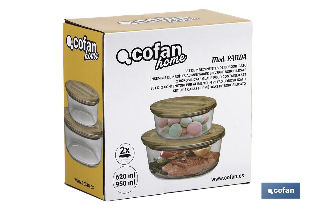 Set of 2 round borosilicate glass food containers | Bambú Model | Bamboo lid | 620-950ml Capacity - Cofan