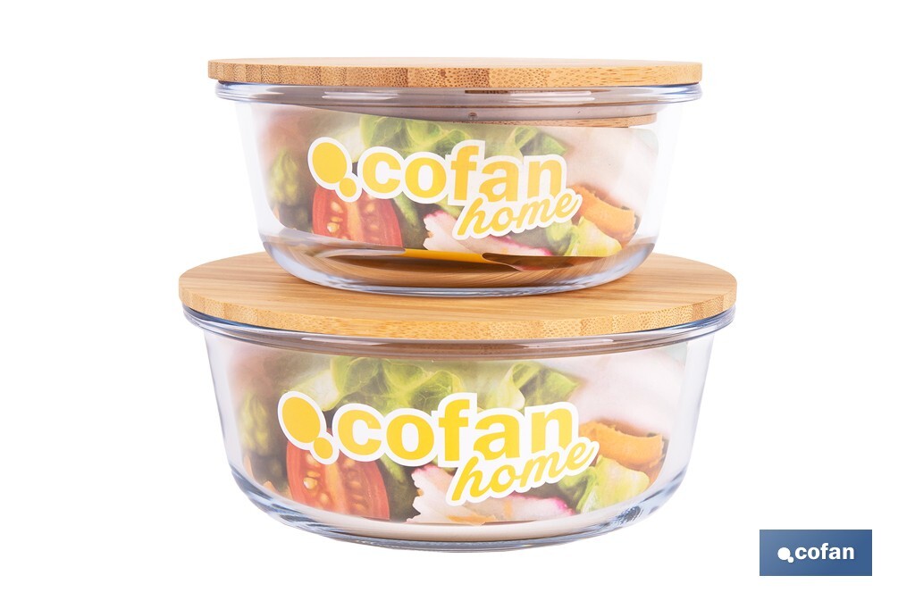 Set of 2 round borosilicate glass food containers | Bambú Model | Bamboo lid | 620-950ml Capacity - Cofan