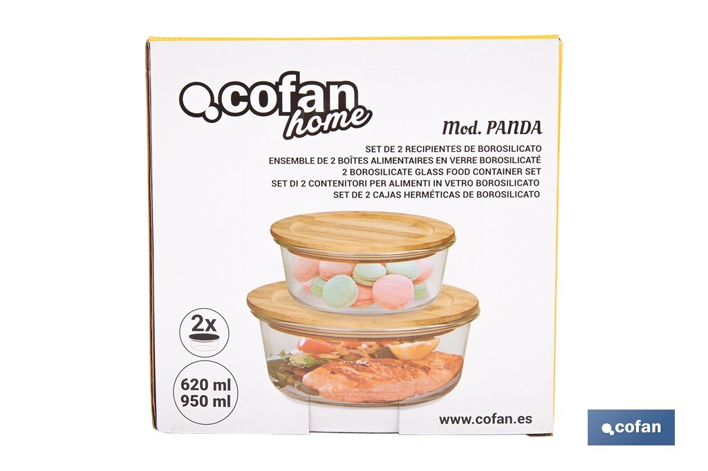 Set of 2 round borosilicate glass food containers | Bambú Model | Bamboo lid | 620-950ml Capacity - Cofan