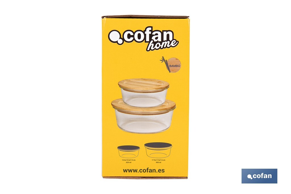 Set of 2 round borosilicate glass food containers | Bambú Model | Bamboo lid | 620-950ml Capacity - Cofan