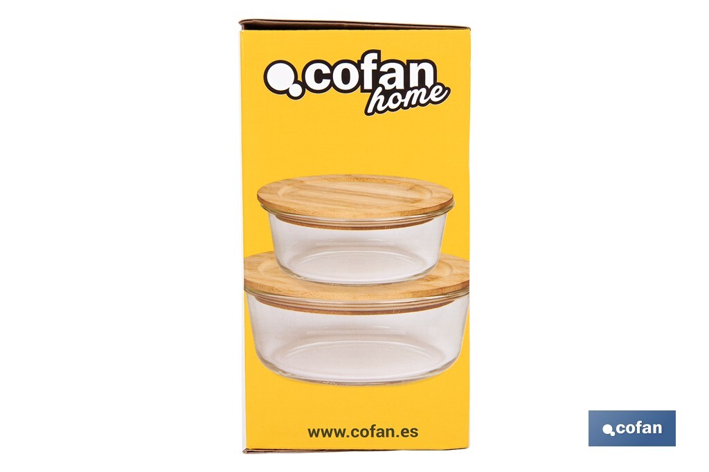 Set of 2 round borosilicate glass food containers | Bambú Model | Bamboo lid | 620-950ml Capacity - Cofan
