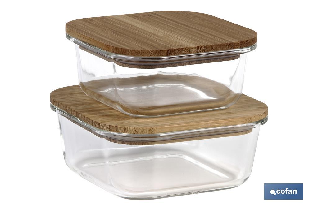 Set of 2 square borosilicate glass food containers | Bambú Model | Bamboo lid | 520-800ml Capacity - Cofan