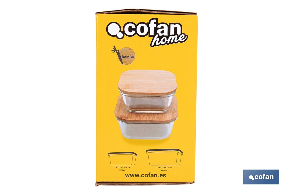 Set de 2 Fiambreras Cuadradas de Borosilicato | Modelo Bambú | Tapa de Bambú | Capacidad 520-800 ml - Cofan