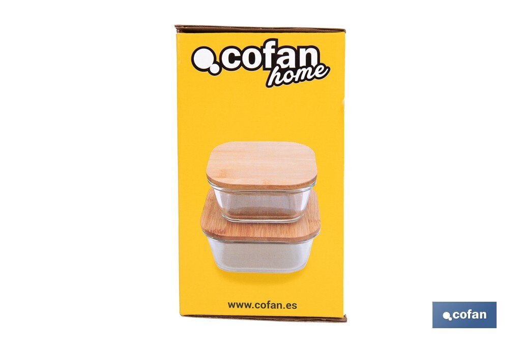 Set de 2 Fiambreras Cuadradas de Borosilicato | Modelo Bambú | Tapa de Bambú | Capacidad 520-800 ml - Cofan