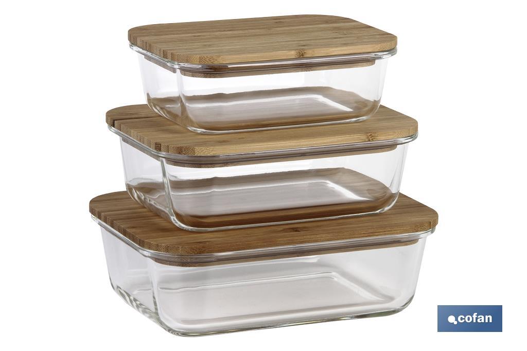 Set of 3 rectangular borosilicate glass food containers | Bambú Model | Bamboo lid | 640-1,040-1,520ml Capacity - Cofan