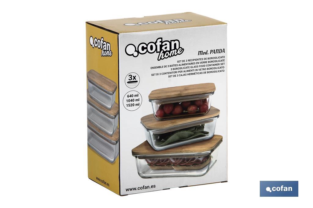 Set de 3 Fiambreras Rectangulares de Borosilicato | Modelo Bambú | Tapa de Bambú | Capacidad 640-1040-1520 ml - Cofan