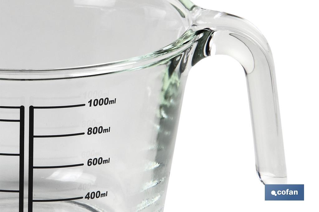 Caraffa graduata di vetro borosilicato, Modello Baritina, Capacità: 1 L, Per microonde, forno e congelatore