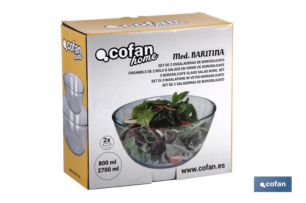 Set de 2 Ensaladeras redondas de borosilicato Modelo Baritina I Capacidad: 800 ml - 2700 ml | Dos boles con diferentes medidas - Cofan