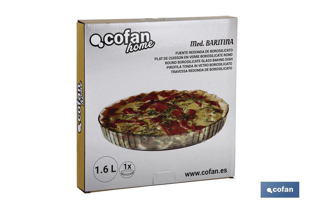 Round borosilicate glass baking dish, Baritina Model | 1,600ml Capacity | Size: 27.7 x 3.5cm | Weight: 900g - Cofan