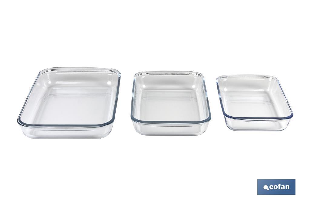 Set de 3 fuentes rectangulares de borosilicato Modelo Baritina I Capacidad: 1600 ml - 2200 ml - 3000 ml - Cofan