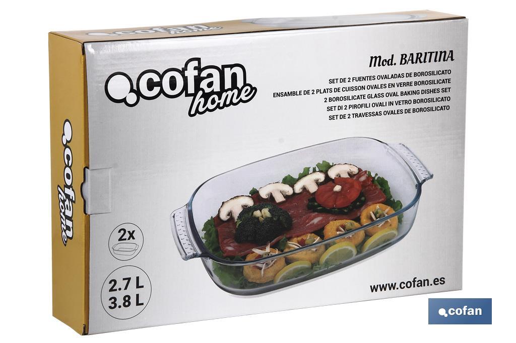 Set de 2 fuentes ovaladas Modelo Baritina | Fabricadas en vidrio borosilicato | Capacidad 2700 ml - 3800 ml - Cofan