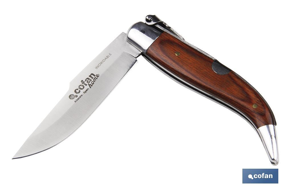 Coltello a serramanico tradizionale | Dimensioni della lama: 8 cm | Lama di acciaio inox | Manico marrone di legno compresso - Cofan