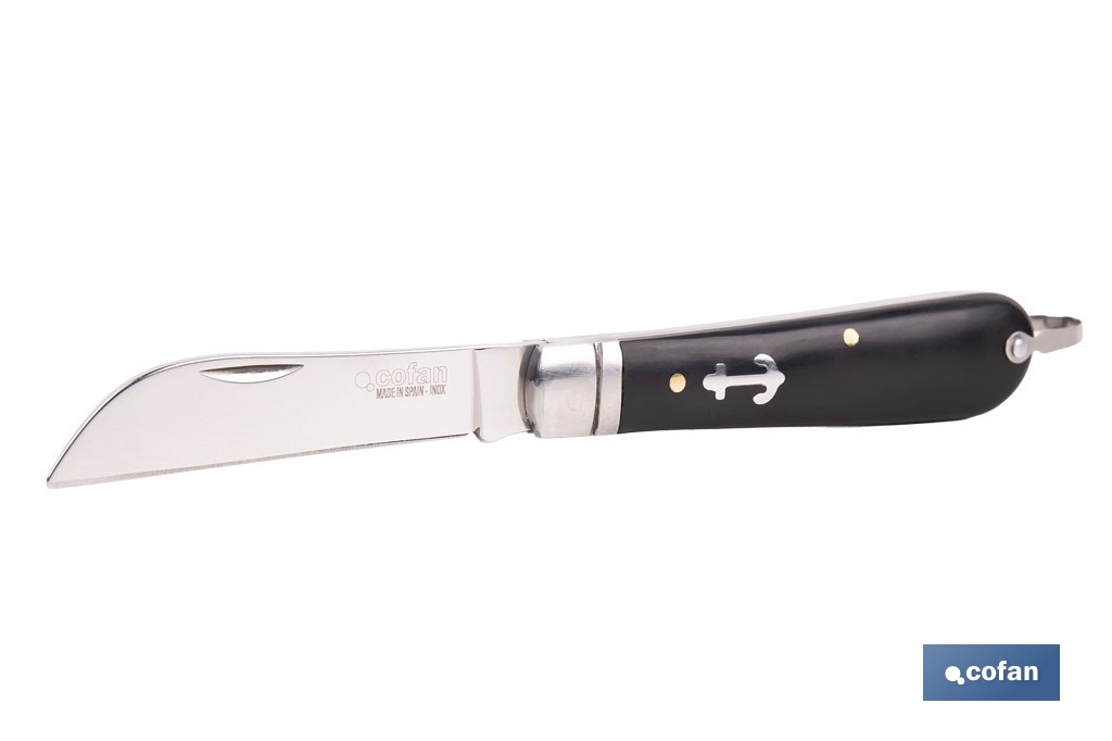 Canif de Marin | Dimension de la Lame 8 cm | Bec de Perroquet | Lame en Acier Inox | Manche en polypropylène | Couleur Noire - Cofan