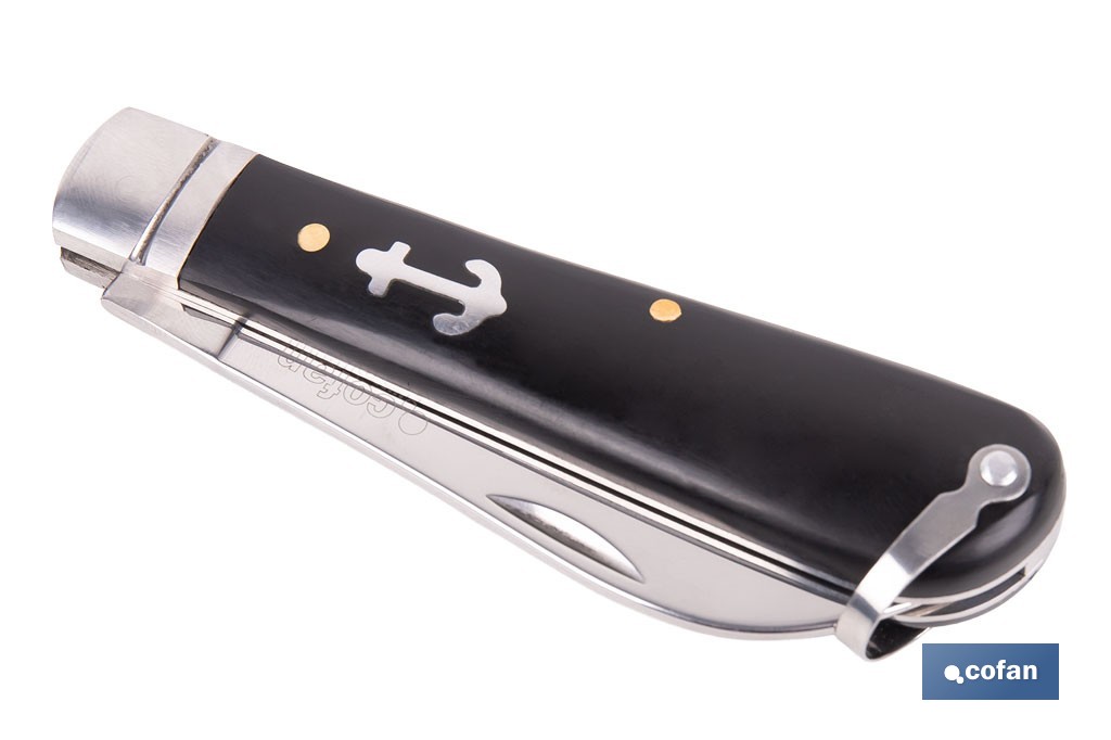 Canif de Marin | Dimension de la Lame 8 cm | Bec de Perroquet | Lame en Acier Inox | Manche en polypropylène | Couleur Noire - Cofan