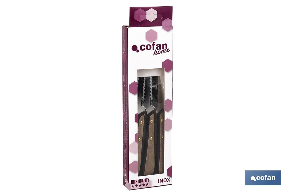 Cofan Pack de 3 Facas de Carne | Folha microdentada de 10 cm | Cabo com efeito madeira de Nogueira - Cofan