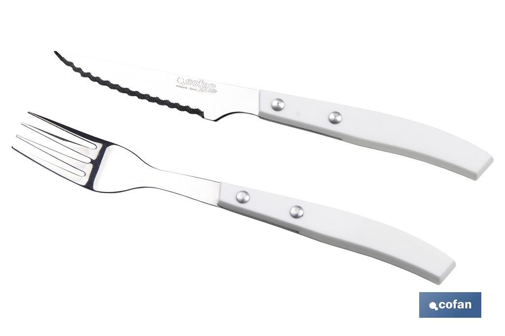 Pack of 3 steak knives + 3 steak forks | Vittorio Model | White | Stainless-steel blade | Blade size: 110mm - Cofan