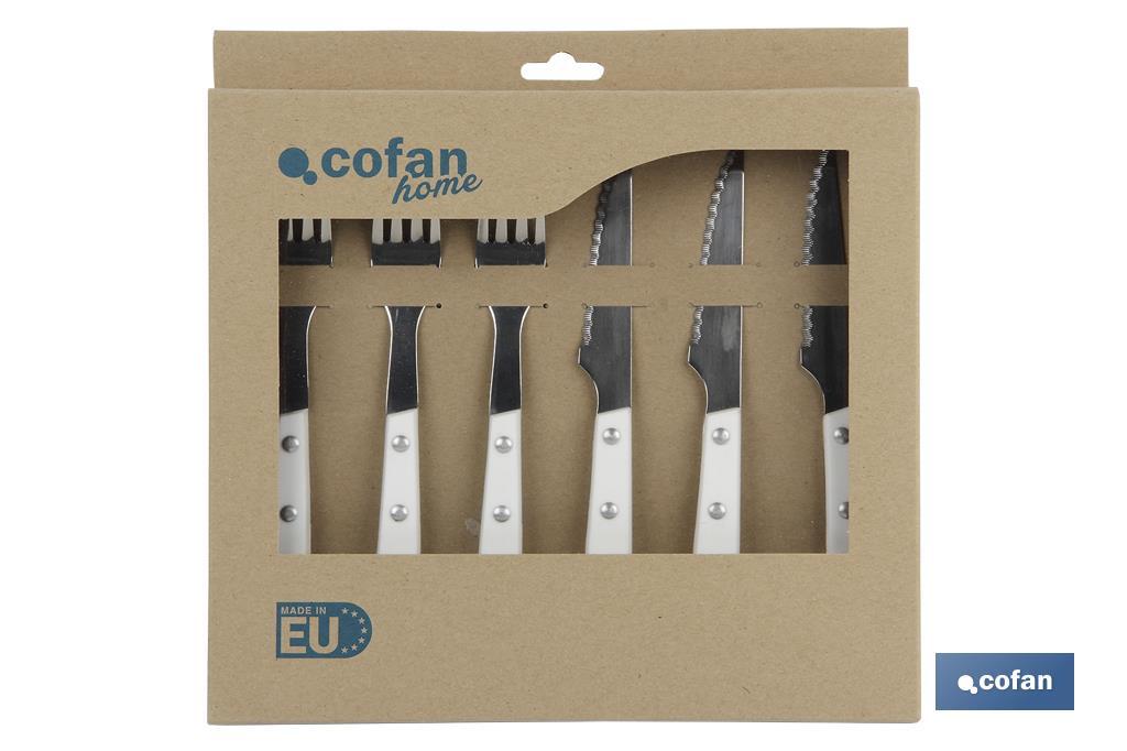 Pack de 3 cuchillos + 3 tenedores Chuleteros | Modelo Vittorio | Color Blanco | Hoja de Acero Inox. | Hoja de 110 mm - Cofan