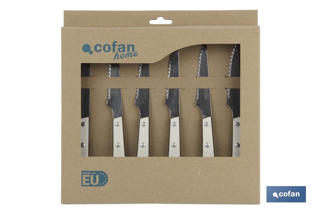 Pack de 6 cuchillos Chuleteros | Modelo Thyme en color blanco | Hoja de acero inox. | Hoja de 110mm - Cofan