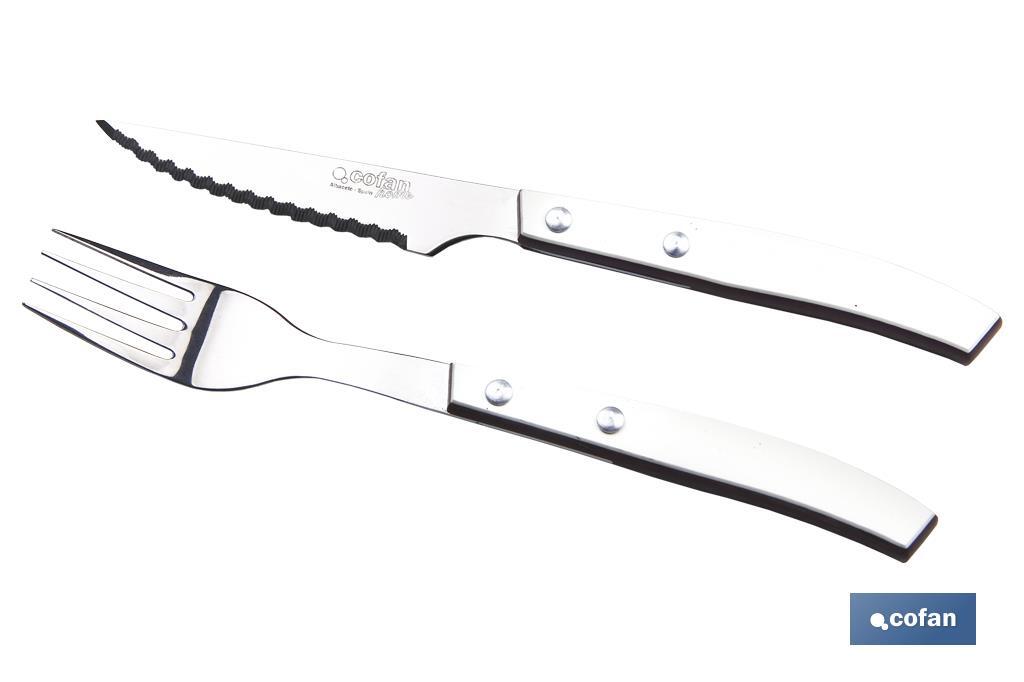 Pack de 3 cuchillos + 3 tenedores Chuleteros | Modelo Thyme en color blanco | Hoja de acero inox. | Hoja de 110mm - Cofan