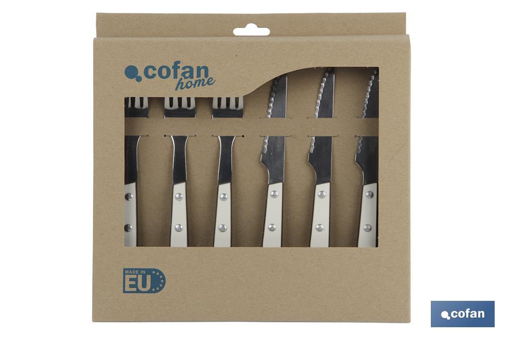Pack de 3 cuchillos + 3 tenedores Chuleteros | Modelo Thyme en color blanco | Hoja de acero inox. | Hoja de 110mm - Cofan