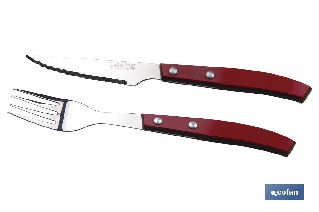 Pack de 3 cuchillos + 3 tenedores Chuleteros | Color Rojo | Hoja de acero inox. | Hoja de 110 mm - Cofan