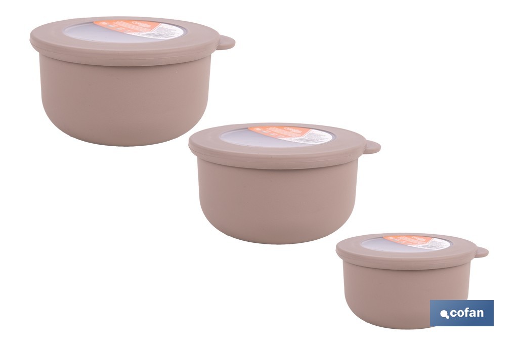 Set de 3 recipientes redondos con tapa | Capacidad: 100 ml, 250 ml, 500 ml | Material: PP + TPE | Colores aleatorios gris, marrón o blanco - Cofan