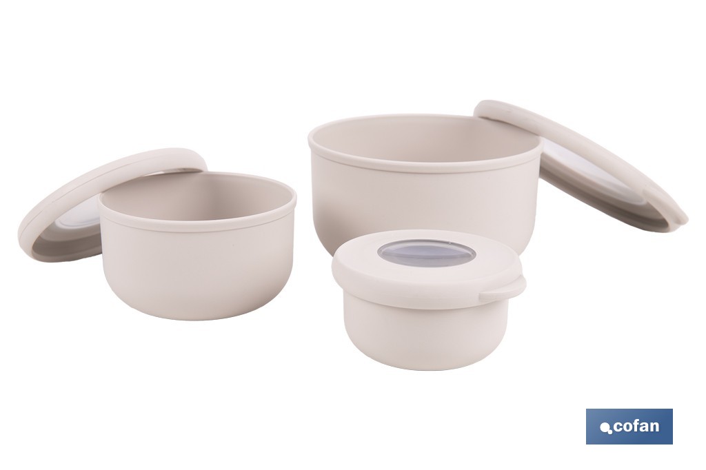 Set de 3 recipientes redondos con tapa | Capacidad: 100 ml, 250 ml, 500 ml | Material: PP + TPE | Colores aleatorios gris, marrón o blanco - Cofan