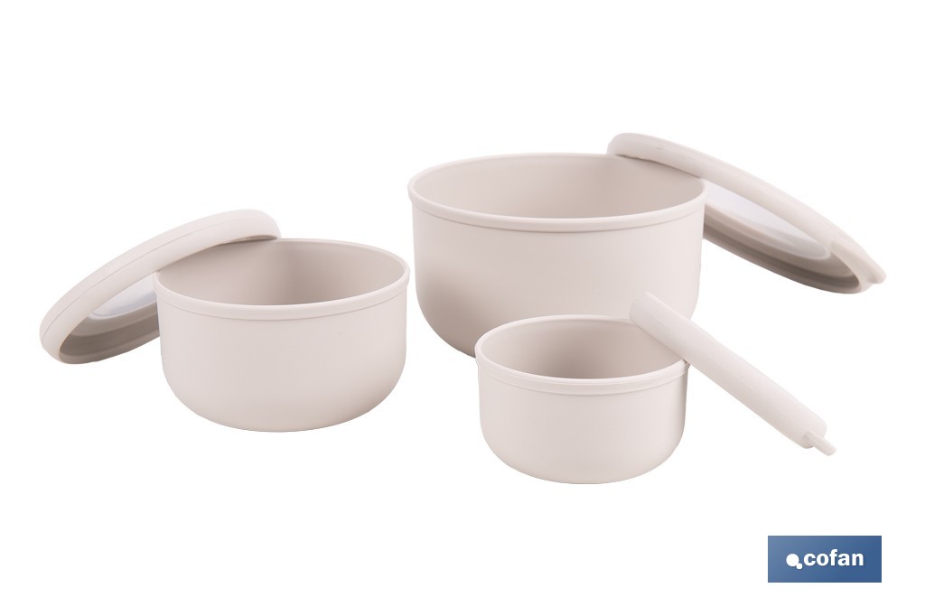 Set de 3 recipientes redondos con tapa | Capacidad: 100 ml, 250 ml, 500 ml | Material: PP + TPE | Colores aleatorios gris, marrón o blanco - Cofan