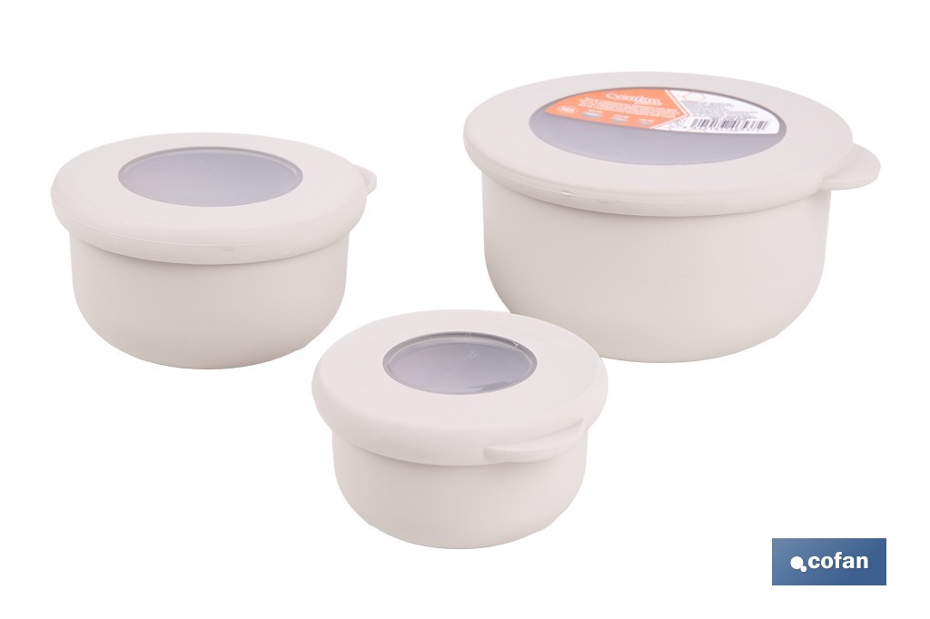 Set de 3 recipientes redondos con tapa | Capacidad: 100 ml, 250 ml, 500 ml | Material: PP + TPE | Colores aleatorios gris, marrón o blanco - Cofan