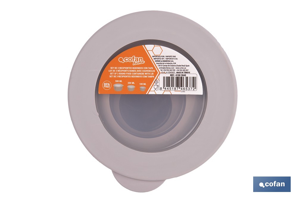 Set de 3 recipientes redondos con tapa | Capacidad: 100 ml, 250 ml, 500 ml | Material: PP + TPE | Colores aleatorios gris, marrón o blanco - Cofan