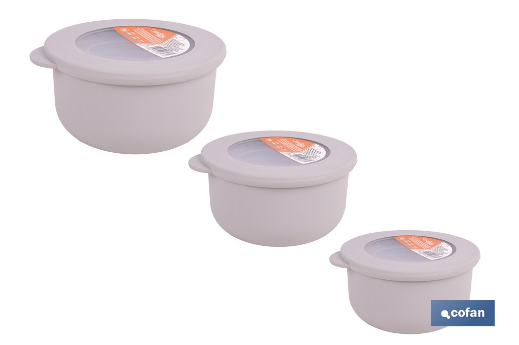 Set de 3 recipientes redondos con tapa | Capacidad: 100 ml, 250 ml, 500 ml | Material: PP + TPE | Colores aleatorios gris, marrón o blanco - Cofan