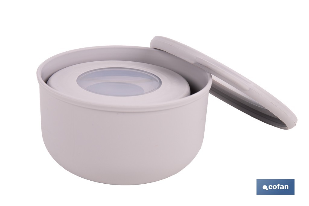 Set de 3 recipientes redondos con tapa | Capacidad: 100 ml, 250 ml, 500 ml | Material: PP + TPE | Colores aleatorios gris, marrón o blanco - Cofan