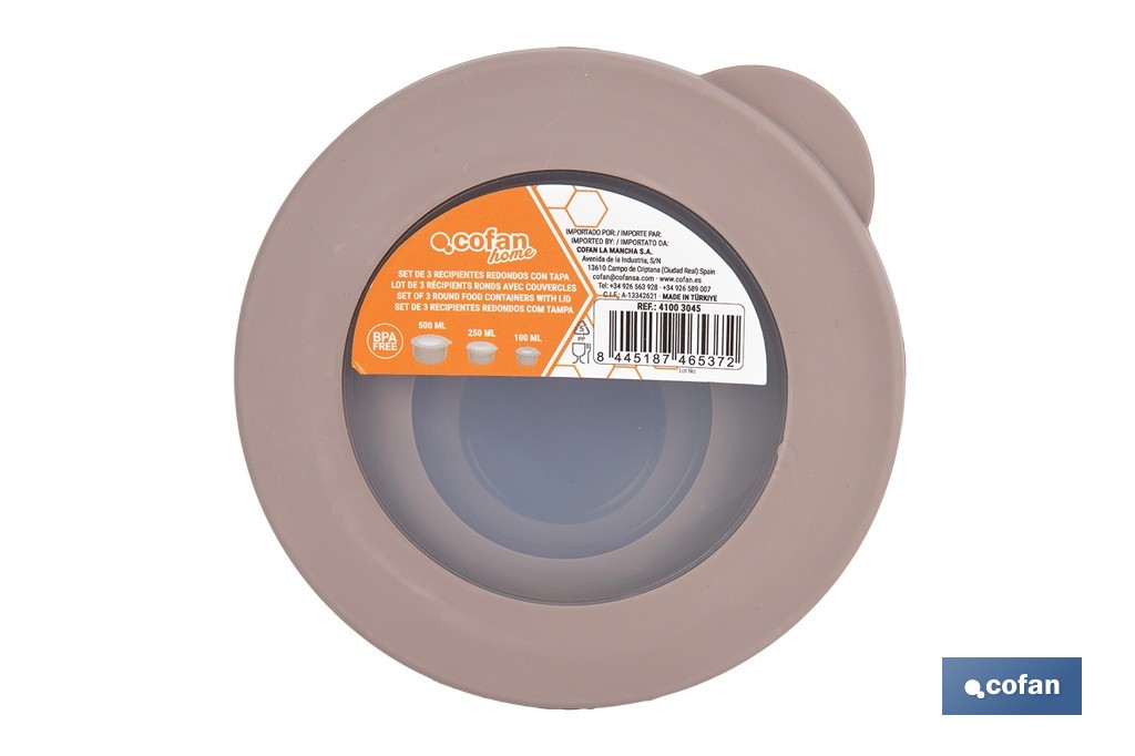 Set de 3 recipientes redondos con tapa | Capacidad: 100 ml, 250 ml, 500 ml | Material: PP + TPE | Colores aleatorios gris, marrón o blanco - Cofan