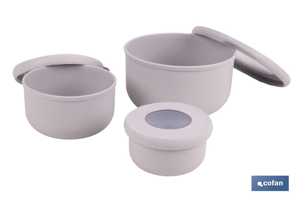 Set de 3 recipientes redondos con tapa | Capacidad: 100 ml, 250 ml, 500 ml | Material: PP + TPE | Colores aleatorios gris, marrón o blanco - Cofan