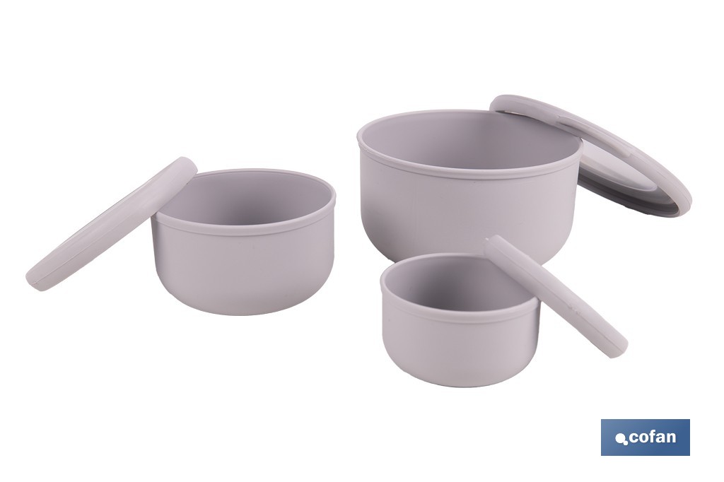 Set de 3 recipientes redondos con tapa | Capacidad: 100 ml, 250 ml, 500 ml | Material: PP + TPE | Colores aleatorios gris, marrón o blanco - Cofan