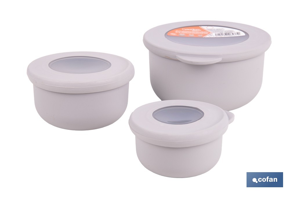 Set de 3 recipientes redondos con tapa | Capacidad: 100 ml, 250 ml, 500 ml | Material: PP + TPE | Colores aleatorios gris, marrón o blanco - Cofan