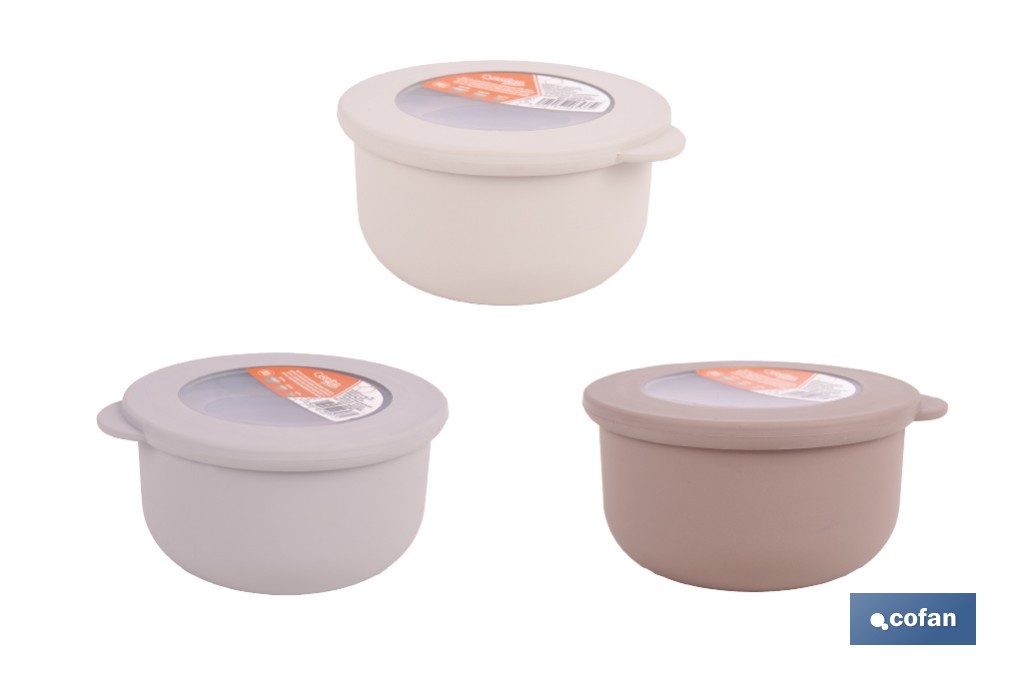 Set de 3 recipientes redondos con tapa | Capacidad: 100 ml, 250 ml, 500 ml | Material: PP + TPE | Colores aleatorios gris, marrón o blanco - Cofan