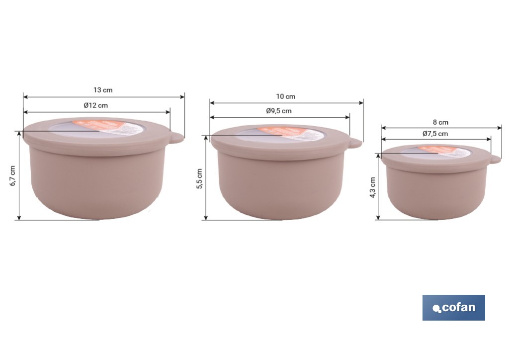 Set de 3 recipientes redondos con tapa | Capacidad: 100 ml, 250 ml, 500 ml | Material: PP + TPE | Colores aleatorios gris, marrón o blanco - Cofan