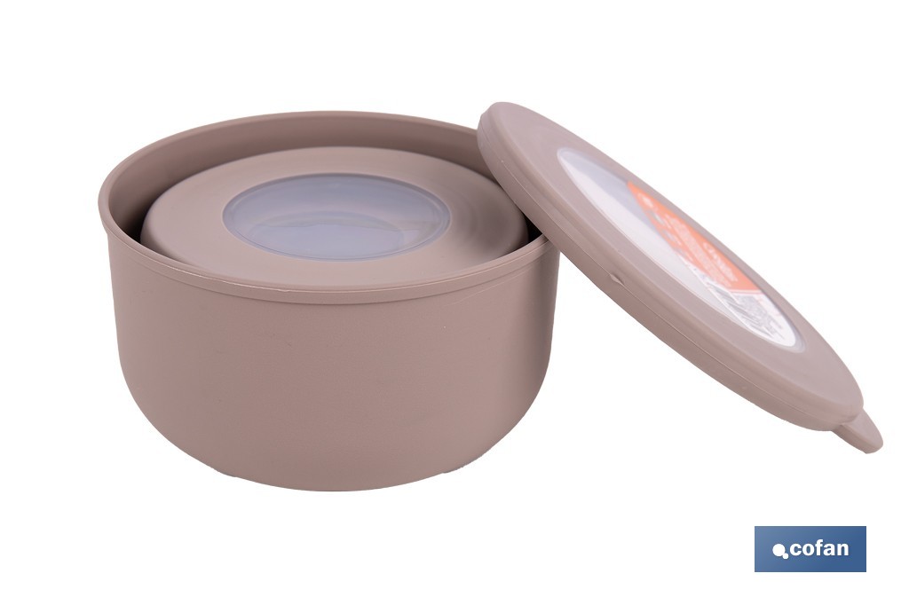 Set de 3 recipientes redondos con tapa | Capacidad: 100 ml, 250 ml, 500 ml | Material: PP + TPE | Colores aleatorios gris, marrón o blanco - Cofan