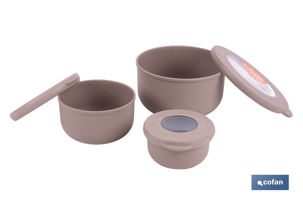 Set de 3 recipientes redondos con tapa | Capacidad: 100 ml, 250 ml, 500 ml | Material: PP + TPE | Colores aleatorios gris, marrón o blanco - Cofan