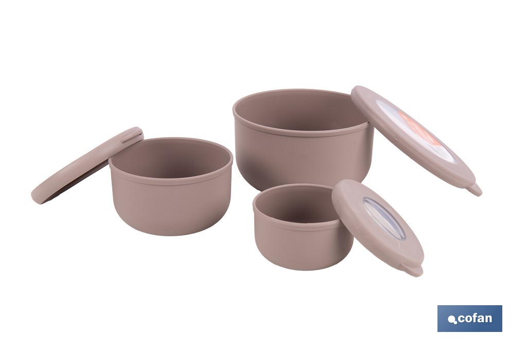 Set de 3 recipientes redondos con tapa | Capacidad: 100 ml, 250 ml, 500 ml | Material: PP + TPE | Colores aleatorios gris, marrón o blanco - Cofan