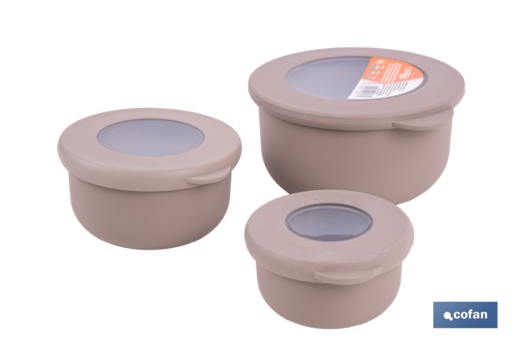 Set de 3 recipientes redondos con tapa | Capacidad: 100 ml, 250 ml, 500 ml | Material: PP + TPE | Colores aleatorios gris, marrón o blanco - Cofan