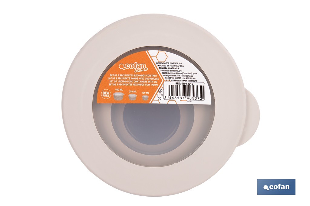 Set de 3 recipientes redondos con tapa | Capacidad: 100 ml, 250 ml, 500 ml | Material: PP + TPE | Colores aleatorios gris, marrón o blanco - Cofan