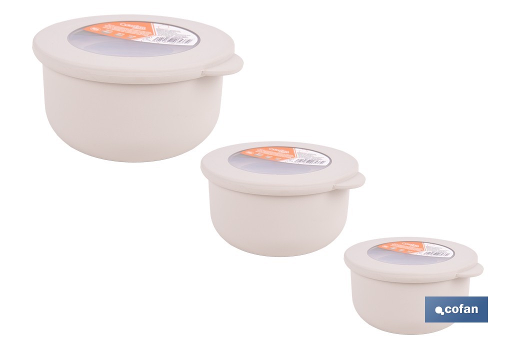 Set de 3 recipientes redondos con tapa | Capacidad: 100 ml, 250 ml, 500 ml | Material: PP + TPE | Colores aleatorios gris, marrón o blanco - Cofan