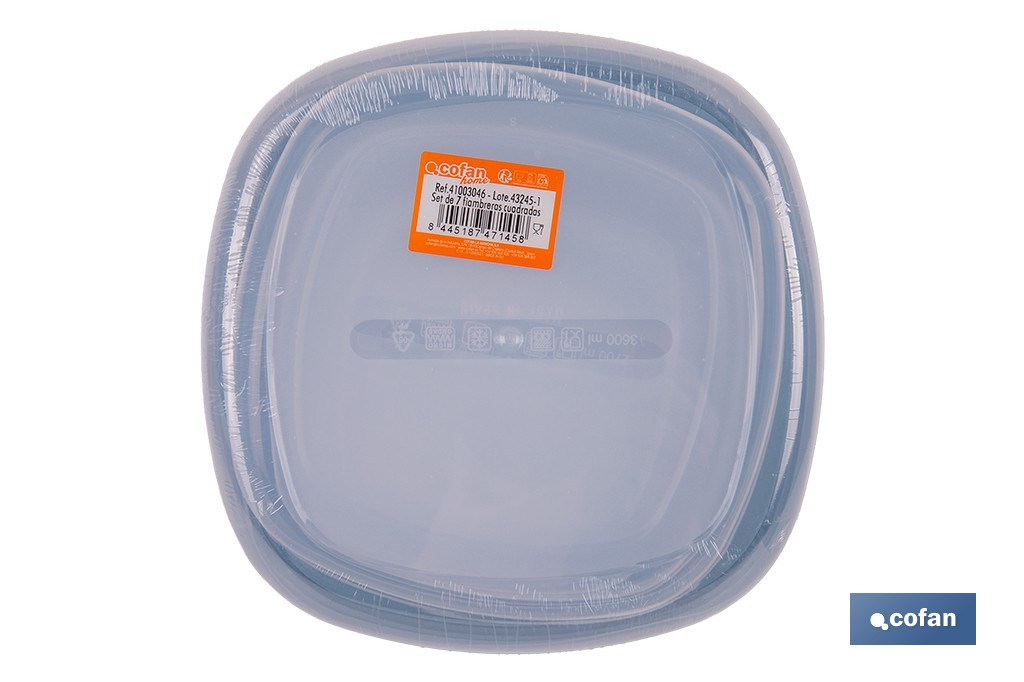 Set de 7 fiambreras cuadradas apilables con tapa hermética | Recipientes de 220 ml a 3600 ml | Aptas para microondas y congelador - Cofan