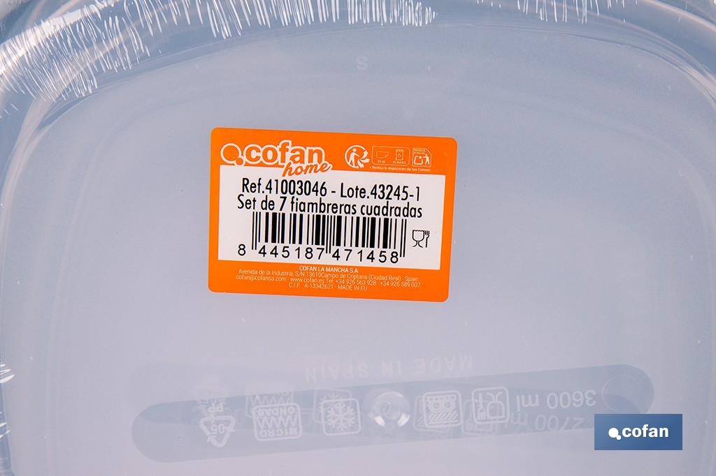 Set de 7 fiambreras cuadradas apilables con tapa hermética | Recipientes de 220 ml a 3600 ml | Aptas para microondas y congelador - Cofan