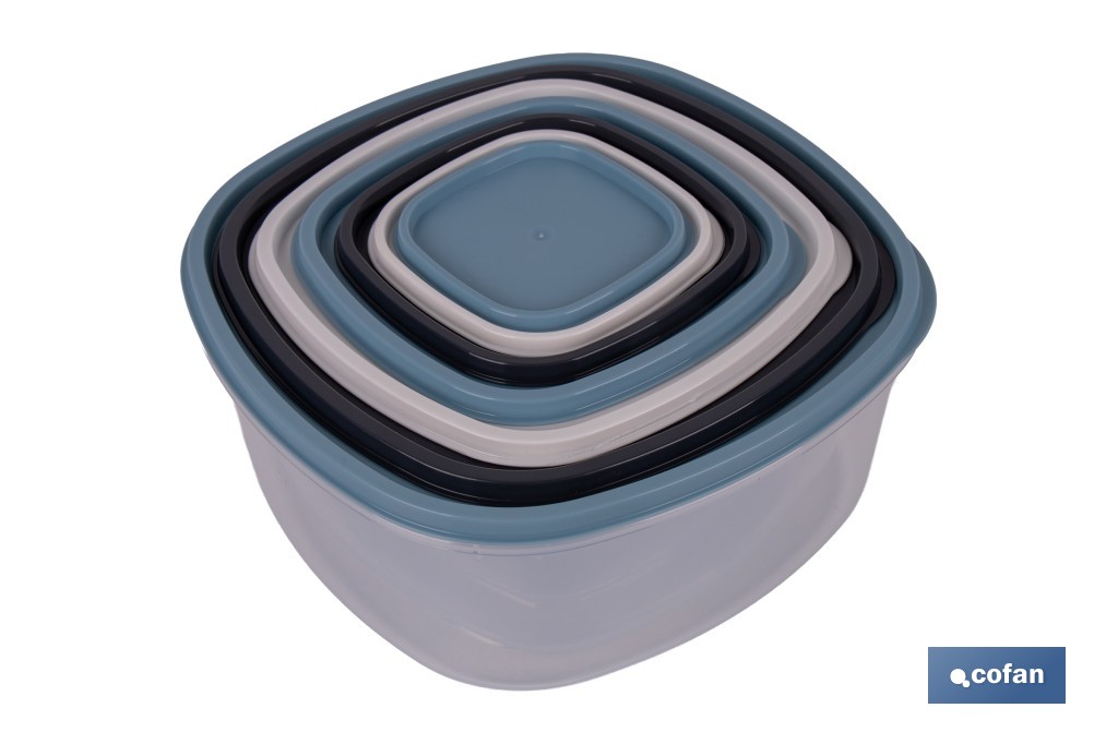 Set de 7 fiambreras cuadradas apilables con tapa hermética | Recipientes de 220 ml a 3600 ml | Aptas para microondas y congelador - Cofan