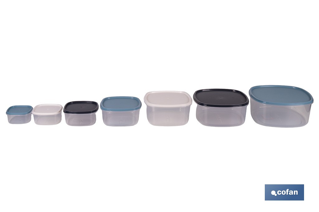 Set de 7 fiambreras cuadradas apilables con tapa hermética | Recipientes de 220 ml a 3600 ml | Aptas para microondas y congelador - Cofan
