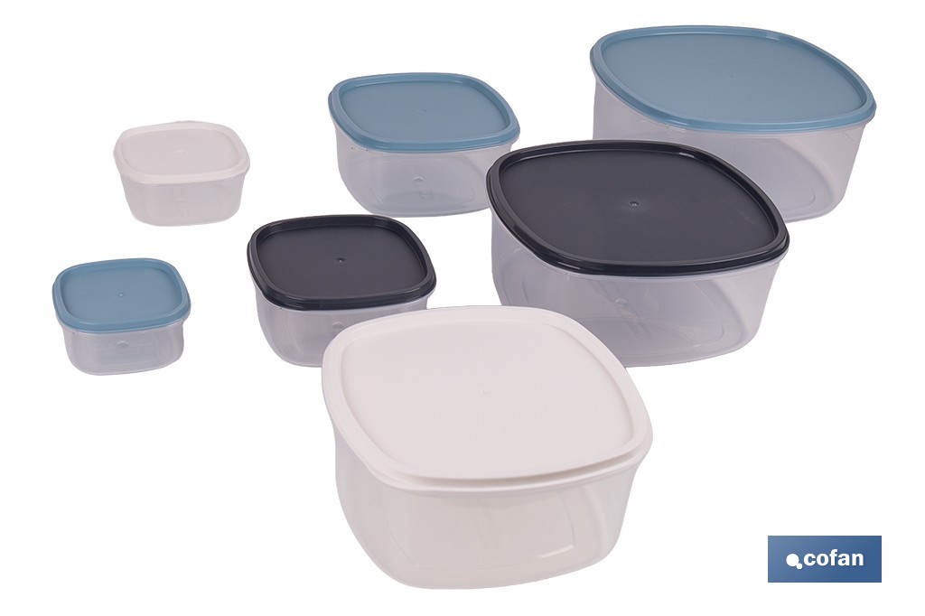 Set de 7 fiambreras cuadradas apilables con tapa hermética | Recipientes de 220 ml a 3600 ml | Aptas para microondas y congelador - Cofan
