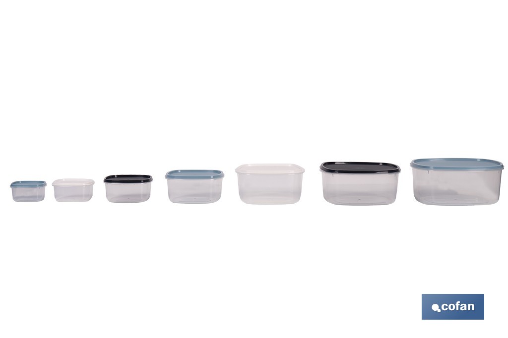 Set de 7 fiambreras cuadradas apilables con tapa hermética | Recipientes de 220 ml a 3600 ml | Aptas para microondas y congelador - Cofan